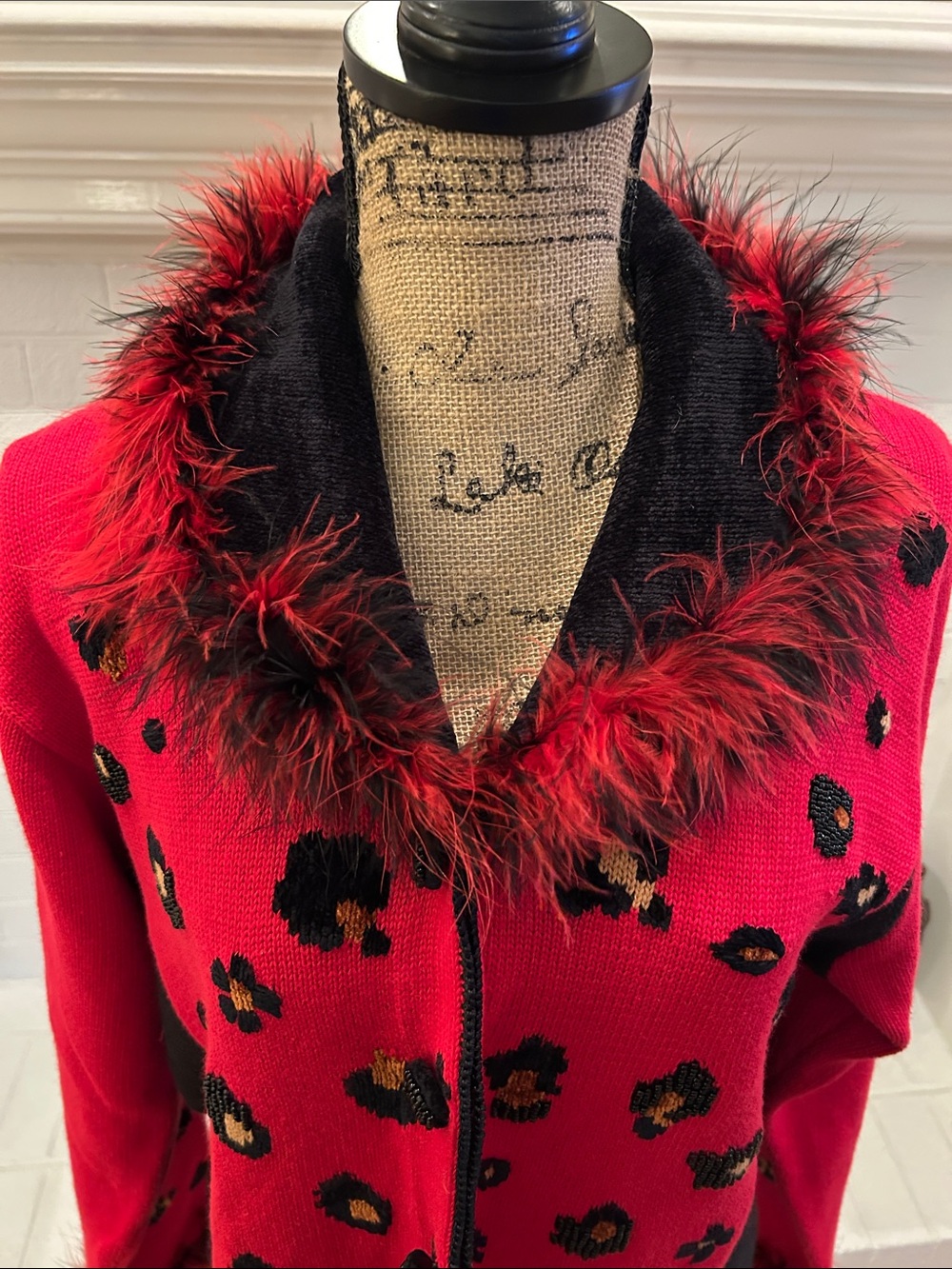berek Red and Black Faux-Fur Trim Leopard-Print Zip Jacket